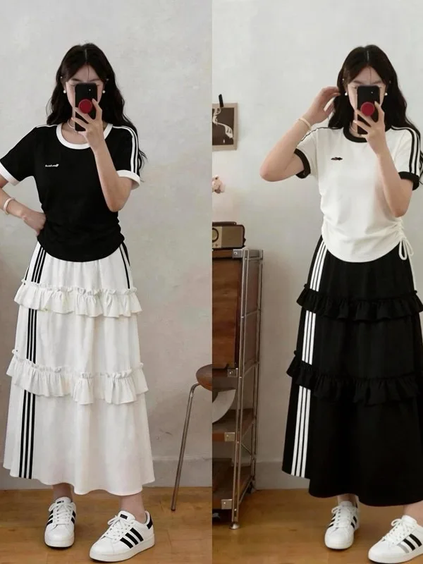 

plus Size Fashionable Set Women Summer Slimming Drawstring Color Block Short Sleeve Top Cake Skirt Two Piece Suit