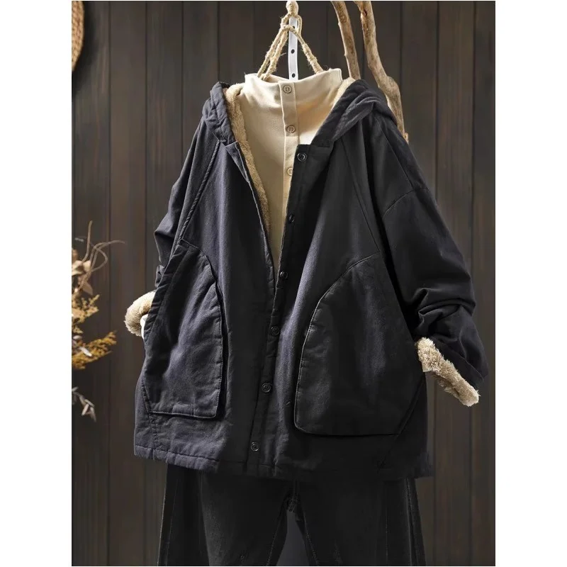 

2025 Winter New Large Pocket Hooded Cotton Coat With Velvet Lining Women's Loose Retro Casual Warm Thick Plush Jacket w1109