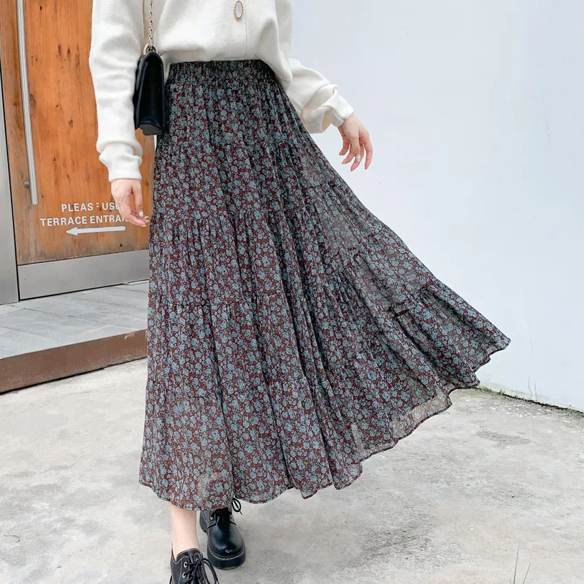 2024 autunno inverno donna gonna floreale a-line gonna a vita alta femminile tinta unita gonna di media lunghezza in chiffon coreano dolce Streetwear