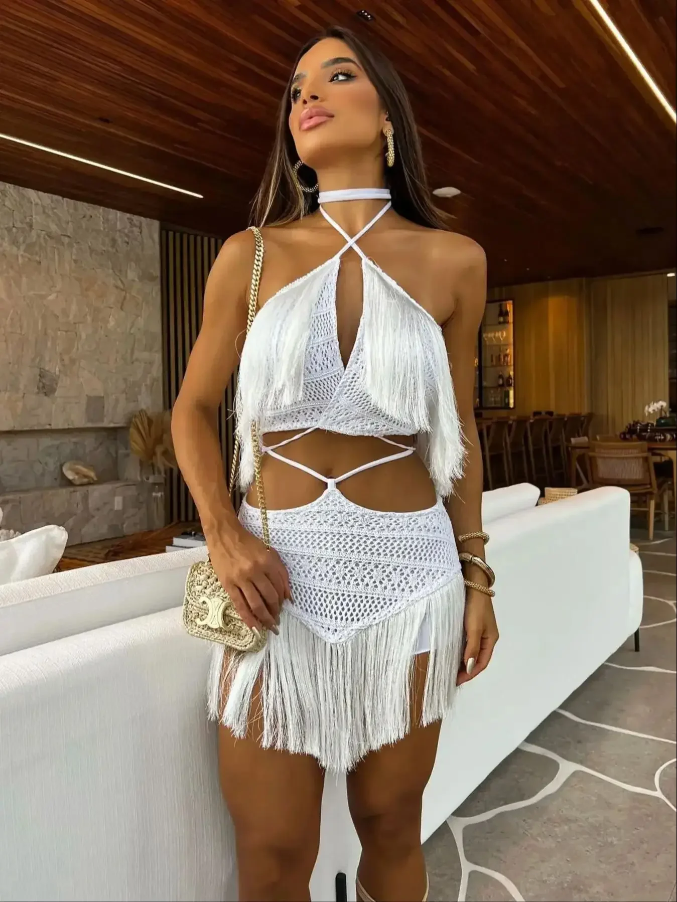 Sexy Tassel Two Piece Skirt Women Halter Lace Bra Tassel Mini Skirt Suit Beach Vacation Casual Female Bathing Suit Summer