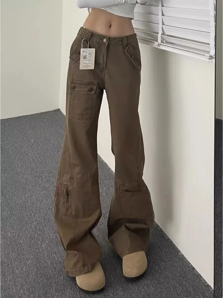 American High Street Khaki Workwear Jeans Women's Loose Wide Leg Pants Micro Flared Long Trousers Casual High Waist Jeans