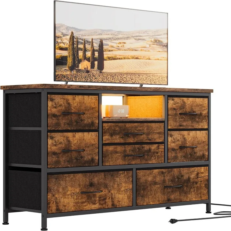 8 Dressoir Tv-Standaard Met Stopcontact En Led Voor 55 ''Tv, Lang Dressoir Voor Slaapkamer Met 8 Diepe Laden, Brede Console Tafel