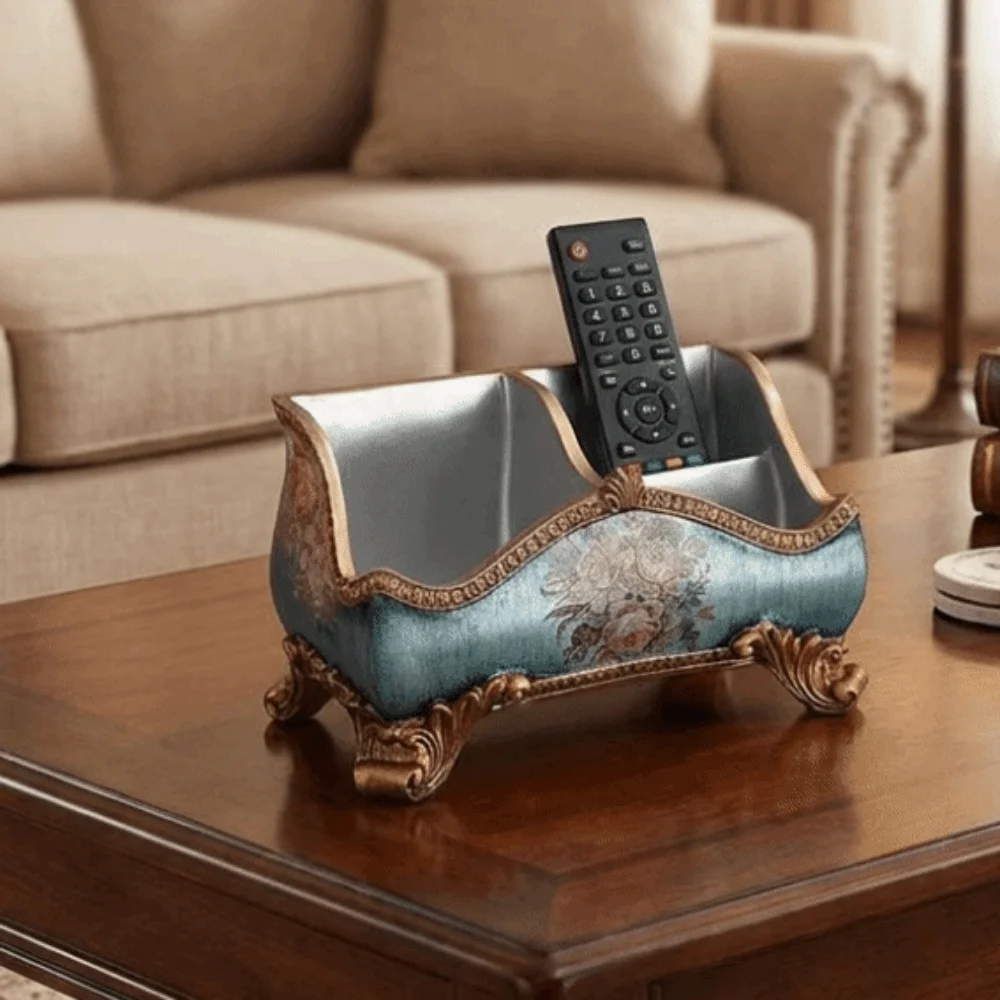 

Resin European Style Storage Box Flower Pattern 3 Compartment Remote Control Box Decorative Retro Desktop Storage Box