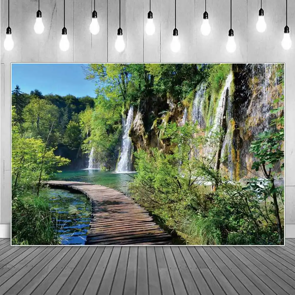 Mountain Waterfall Photography Backdrops Spring Green Forest Wooden Bridge Road Climbing Holiday Decoration Photocall Background