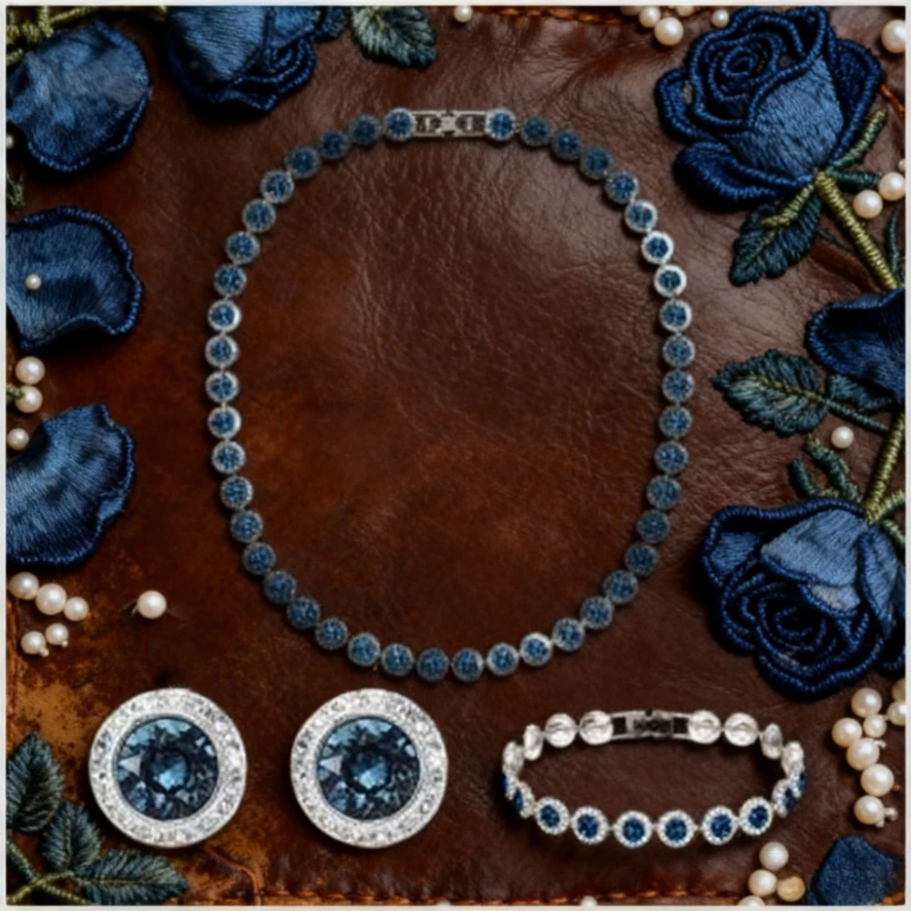 

2025 Trendy Jewelry Crystal Necklace Earring Bracelet Three Piece Set Ocean Heart Color Matching Dinner Preferred