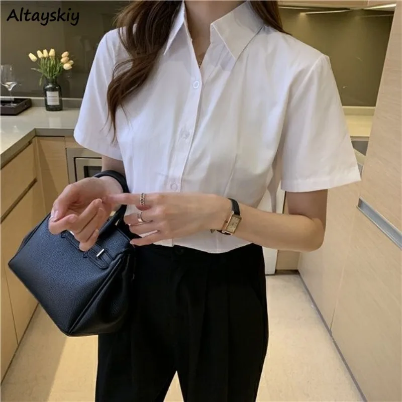 White Shirts Women Short-sleeve Loose Leisure Tops Office Lady All-match Tender Summer Feminine Ulzzang Minimalist Stylish New