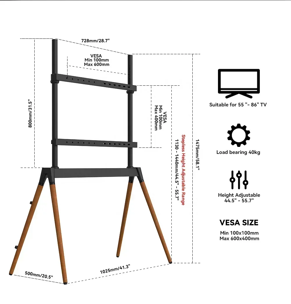 Fabryczne klasyczne sztalugi studyjne czarne 55 - 86 cali Stojące wózki pod telewizor z 4 drewnianymi nogami VESA 600x400mm do pokoju biurowego