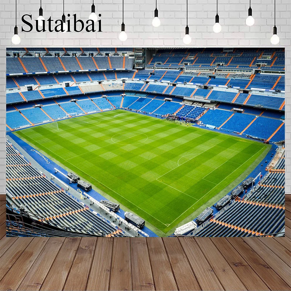 Real Madrid Bernabeu Football Stadium Photo Backdrop Boys Birthday Sport Party Photography Background Green Grass Photo Studio