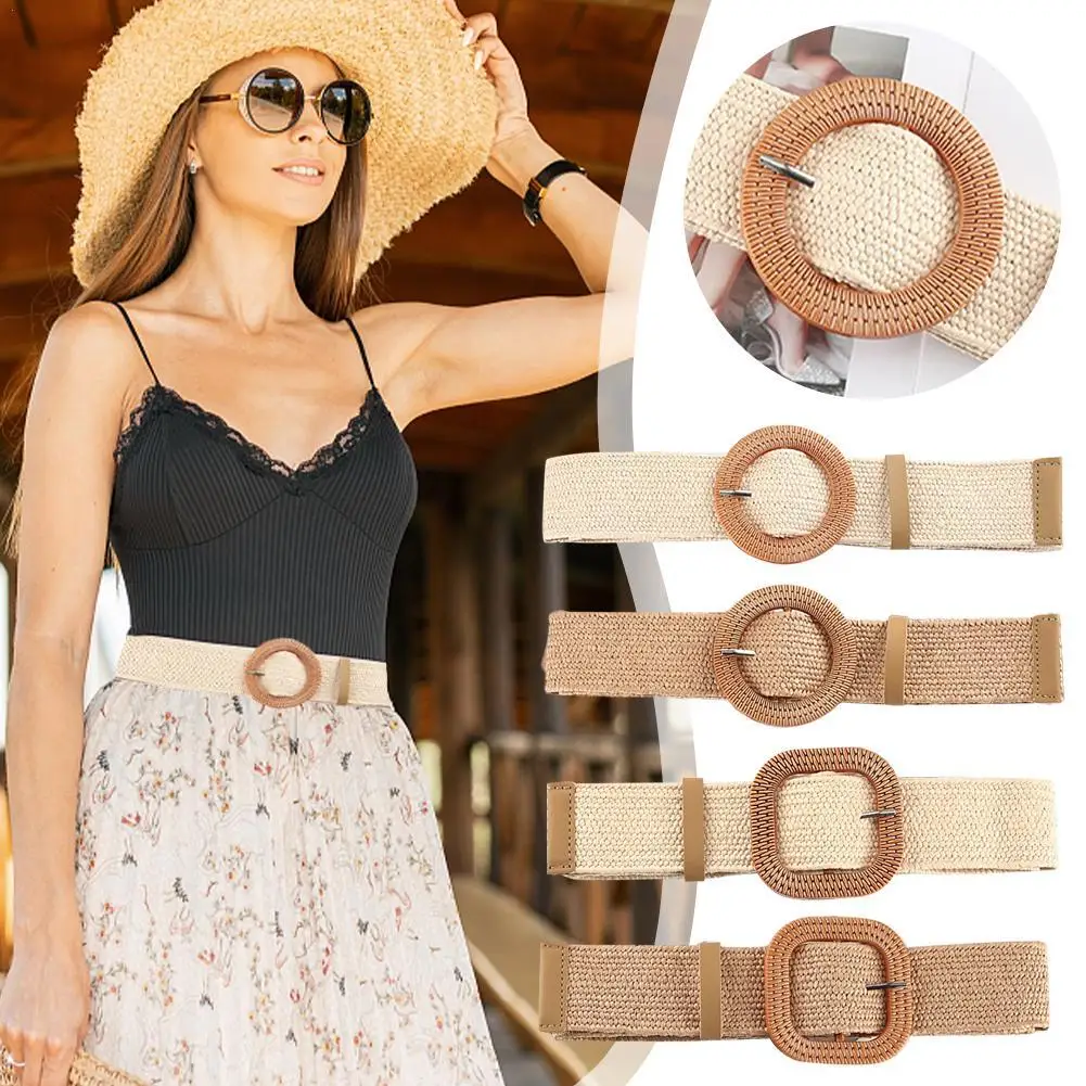 

Fashion Bohemia Elastic Braided Belts Straw Woven Belt Solid Color Linen Weave Fake Straw Wide Belt Straw Waistband