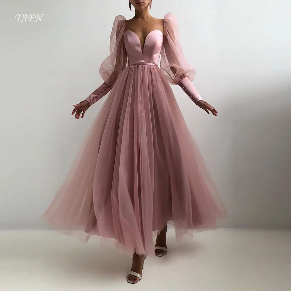 

TAFN Princess Pink A-line Evening Dresses Sweetheart Collar Full Sleeves Draped Tulle Prom Party Gown Custom Made