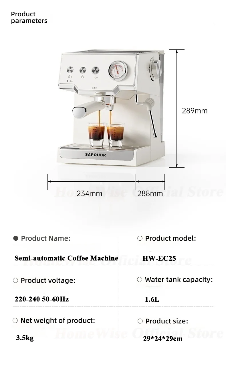 HomeWise EC25 20Bar Haushalt Halbautomatische Kaffeemaschine ULKA Pumpe PID Temperaturregelung Espressomaschine 220V 240V