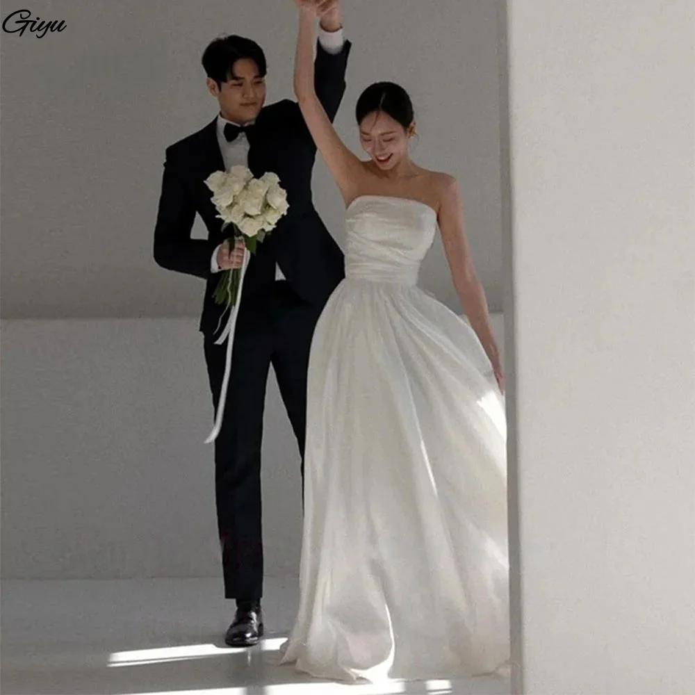 Giyu A Line Taffeta Photos Shoot Simple Strapless Korea Wedding Dresses Customized Formal Party Gowns Sleeveless Bride Dress