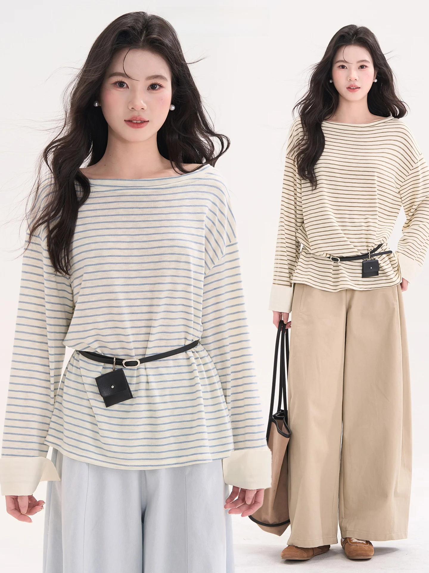 

Женская свободная повседневная футболка Heme Simple High-End с длинным рукавом в полоску, дизайн с открытыми плечами, смесь полиэстера и хлопка