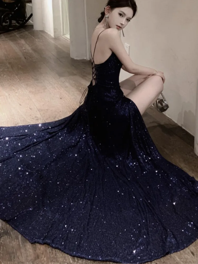 Sexy Backless Evening Party Long Dresses for Women V-Neck Split Slim Spring Summer Luxury Sequins Prom Robe Birthday Vestido New