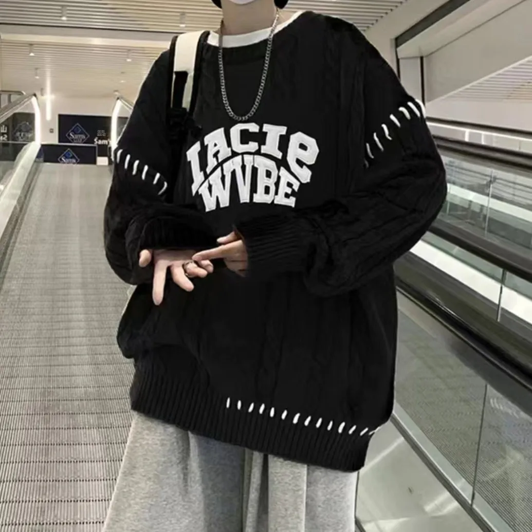 Suéter de Malha Plus Size com Gola Redonda Casual Ajuste Solto Moda Masculina Outono Inverno Estilo Retro Coreano Roupas para...