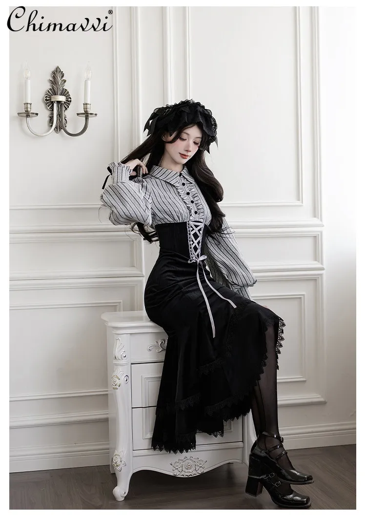 

New Original Gothic Fake Two-Piece Fishbone OP Mermaid Dress Fashion Lantern Sleeve High Waist Elegant Long Lolita Dress