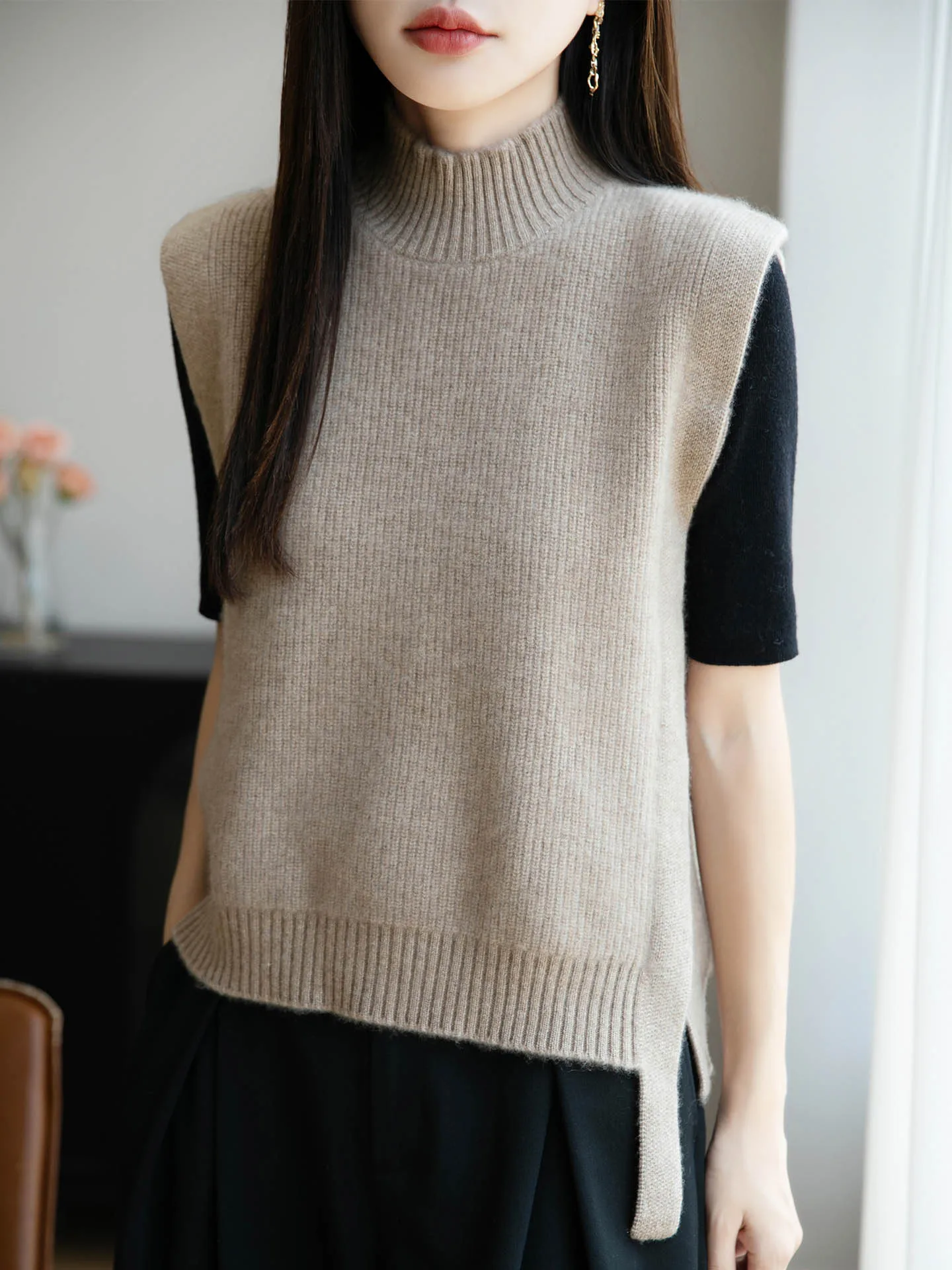 السيدات 100% ميرينو الصوف سترة دون أكمام شبه الياقة المدورة البلوز الخريف الشتاء متماسكة سترة الكشمير قاعدة بلون علوي