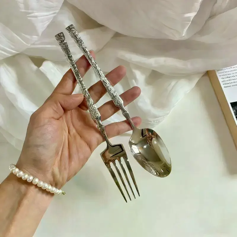 Stainless Steel Long Handle Spoon Dinnerware Set Western Steak Cutlery Ice Pattern Spoon Fork Tree Bark Pattern Small Waist