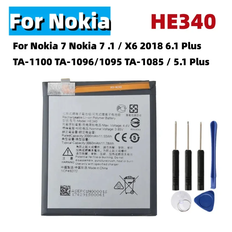 

Аккумулятор HE340 для Nokia 7 .1 / X6 2018 6.1 Plus / TA-1100 TA-1096/1095 TA-1085 / 5.1 HE340 3060 мАч + инструменты