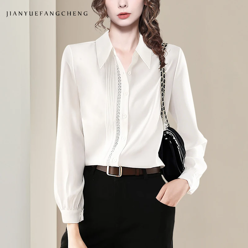 Women' Loose-fitting White Long Sleeve Shirt Elegant Fashion Office Ladies Top Embroidered Blouse