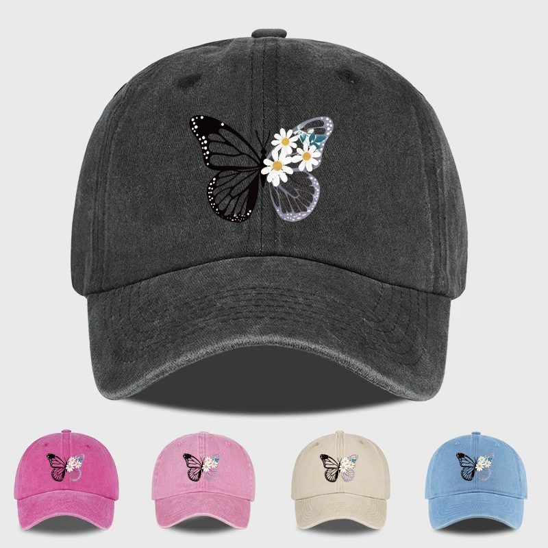 Butterfly and Daisy Print Washed Baseball Cap – Adjustable Unisex Retro Floral Sun Hat, Perfect for Camping and Vacations