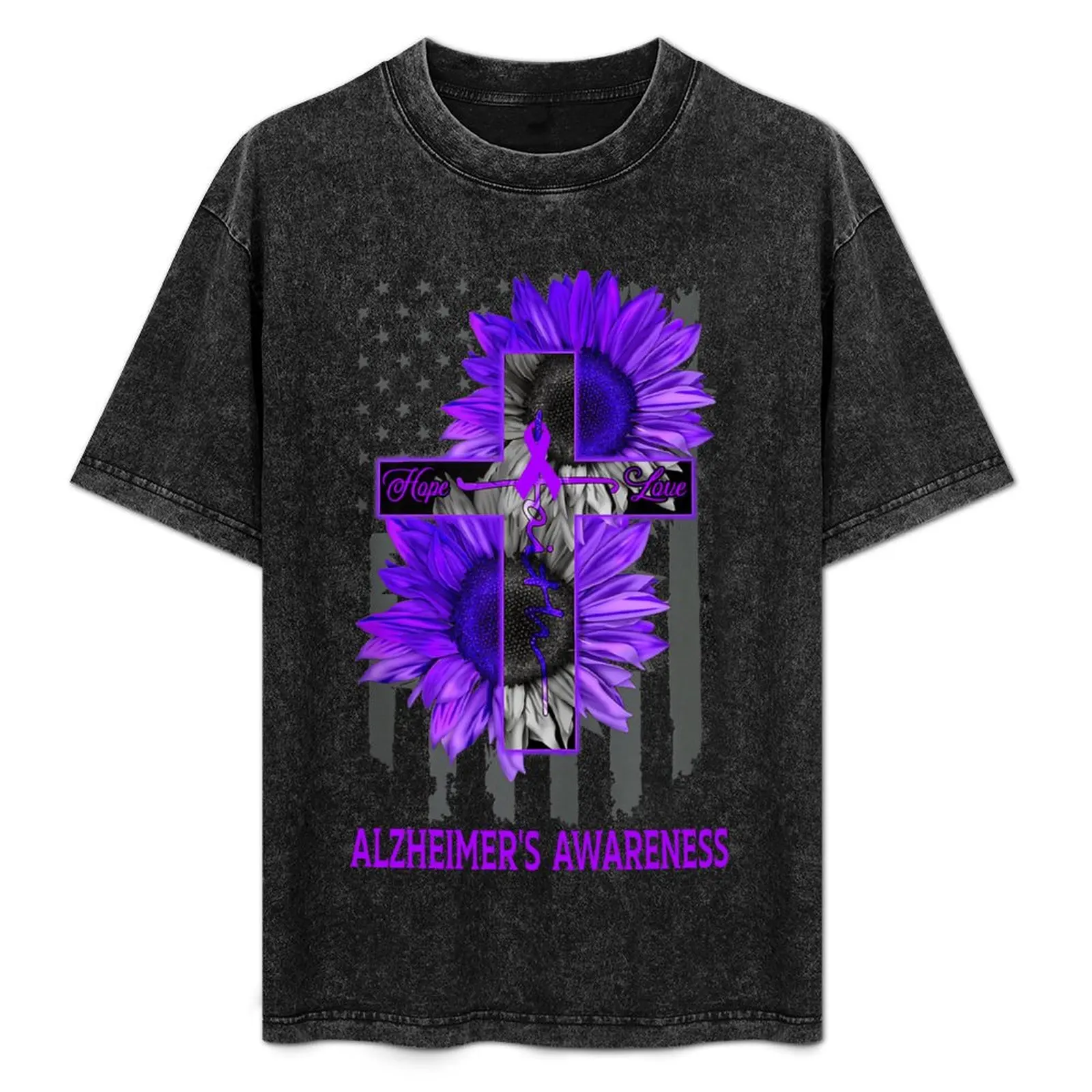 

Faith Hope Love American Flag Sunflower Christian Cross ALZHEIMER'S Awareness T-Shirt blacks customizeds t shirt for men