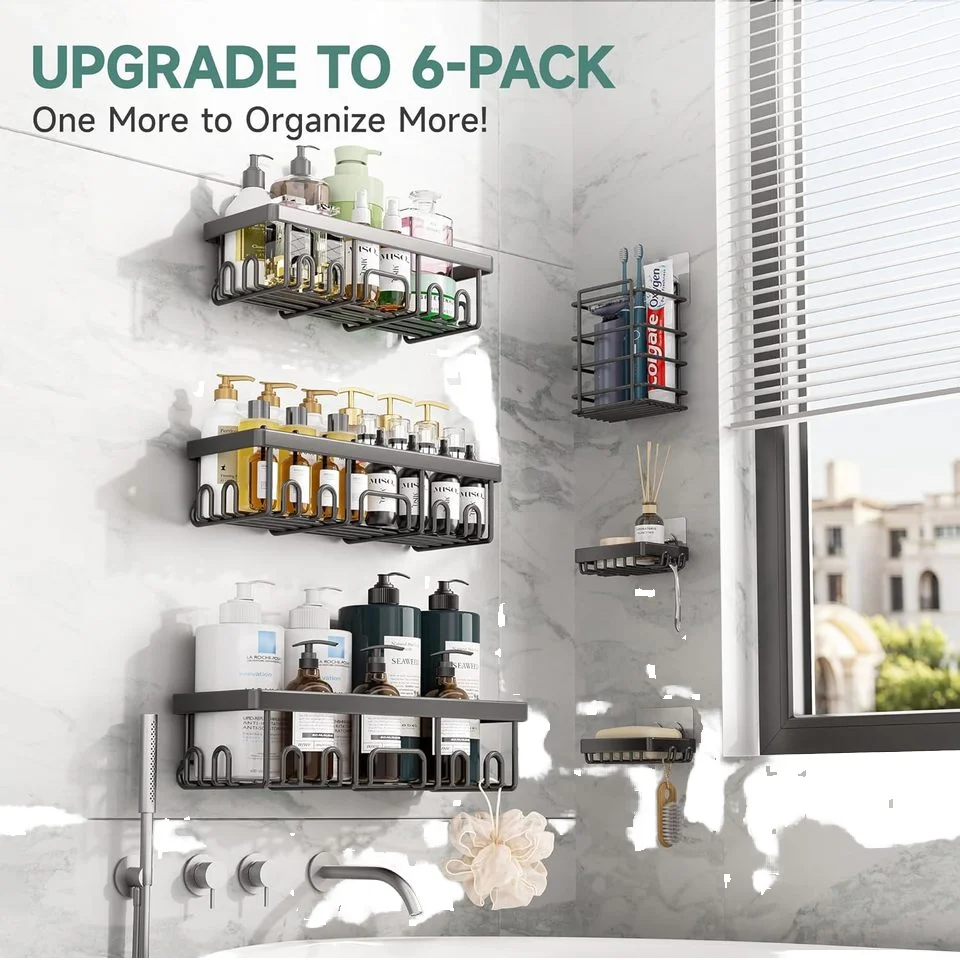 

Waterproof Modern Design Eco-Friendly Bathroom Organizer 6-Pack-Adhesive Shower Caddy Shelves Large Capacity Soap