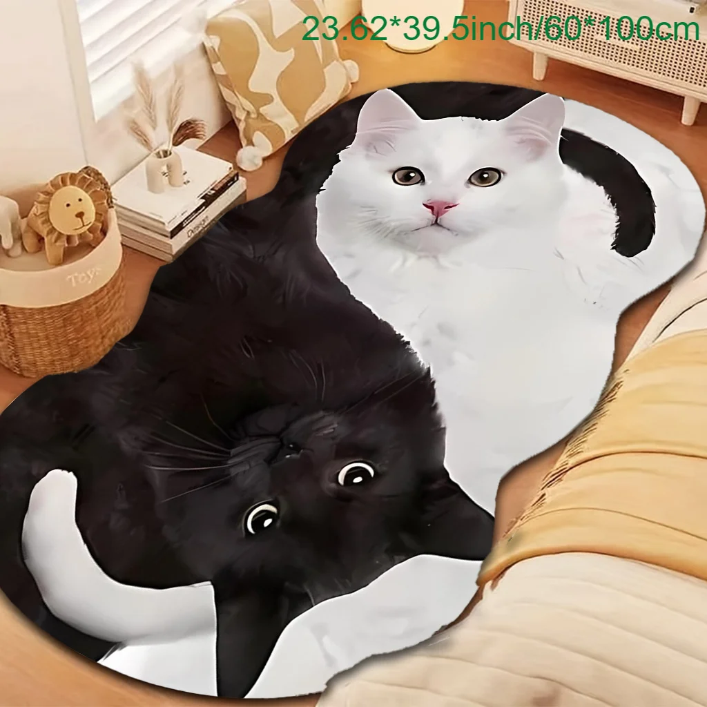 VIKAMA Yin-Yang Black And White Cat-Shaped Bedside Long Strip Carpet, Anti-Slip Bedroom And Living Room Decorative Floor Mat Rug