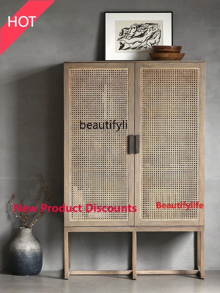 

MM45 Japanese Style Wood Dining Side Living Room Locker Nordic Solid Wood Rattan Entrance Cabinet