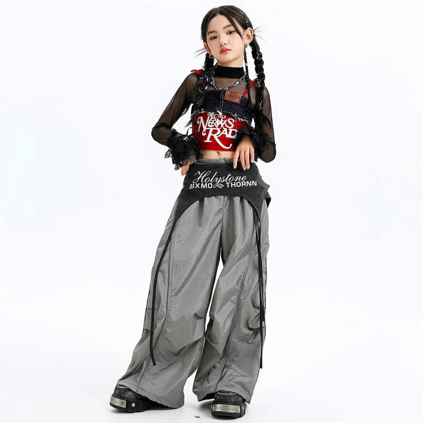 Enfant Kpop Hip Hop vêtements rouge Denim à lacets débardeur court maille haut gris décontracté large Parachute pantalon pour fille danse Costumes vêtements