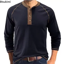 2024 Men's Casual Long Sleeve TShirt Solid Cotton Streetwear Outdoor Tops Tees Male Fashion O Neck T Shirt Button Top Men Shirts