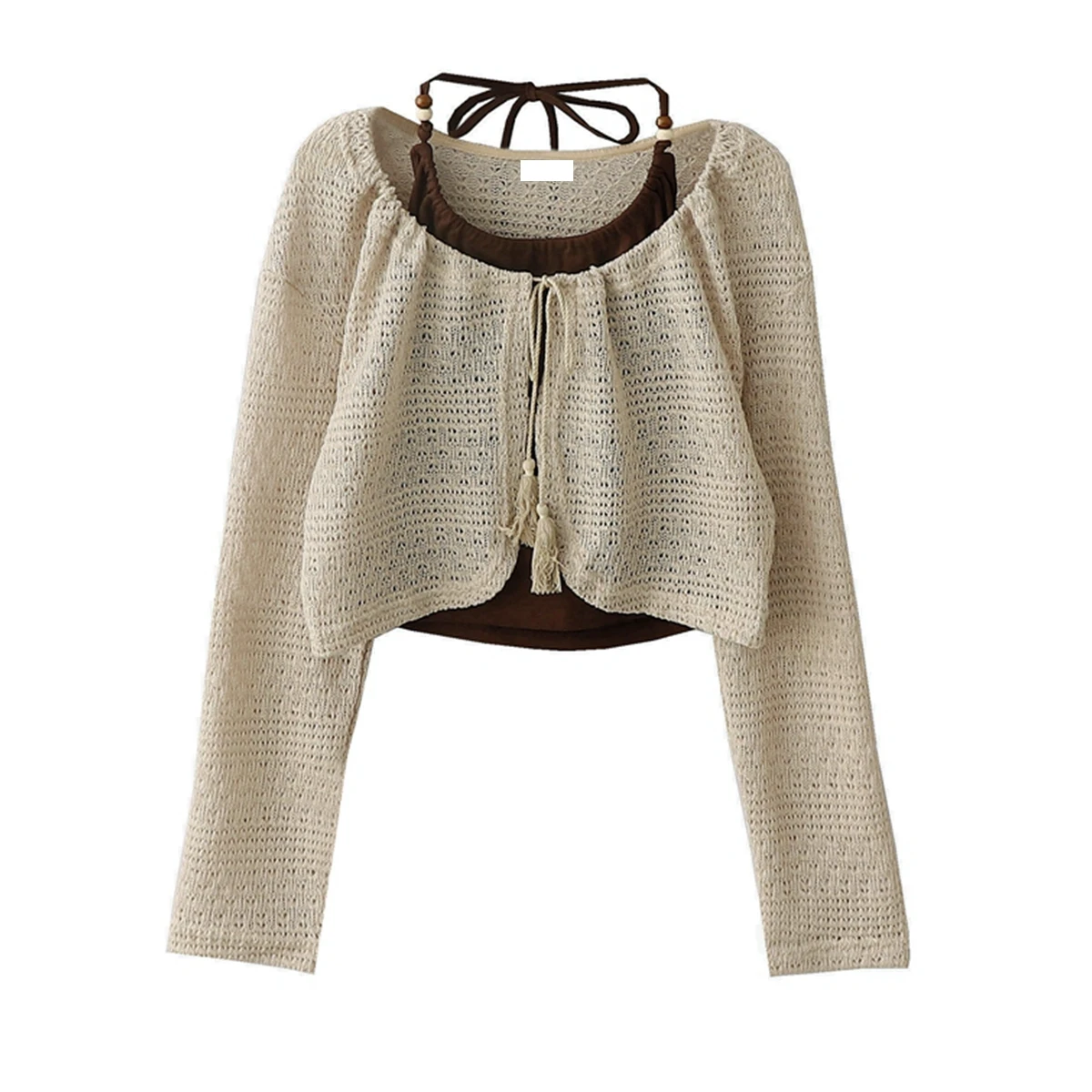 

Autumn New Arrival Forest System Retro Lace Trim Belted Open Cardigan ort Jaet Hanging Strap Vest Two Piece Set Top
