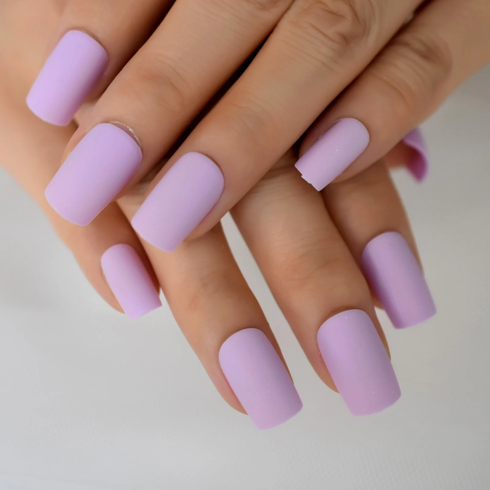 Matte Presson Nails Medium Length Square Lavender Solid Color Bare Fake Nails False Full Cover Nail Tips For Daily