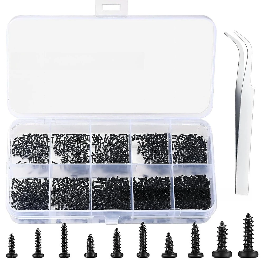1000Pcs Boxed Black Cross Pan Head Self Tapping Screws M1-M1.7 Watch Computer Screw Set