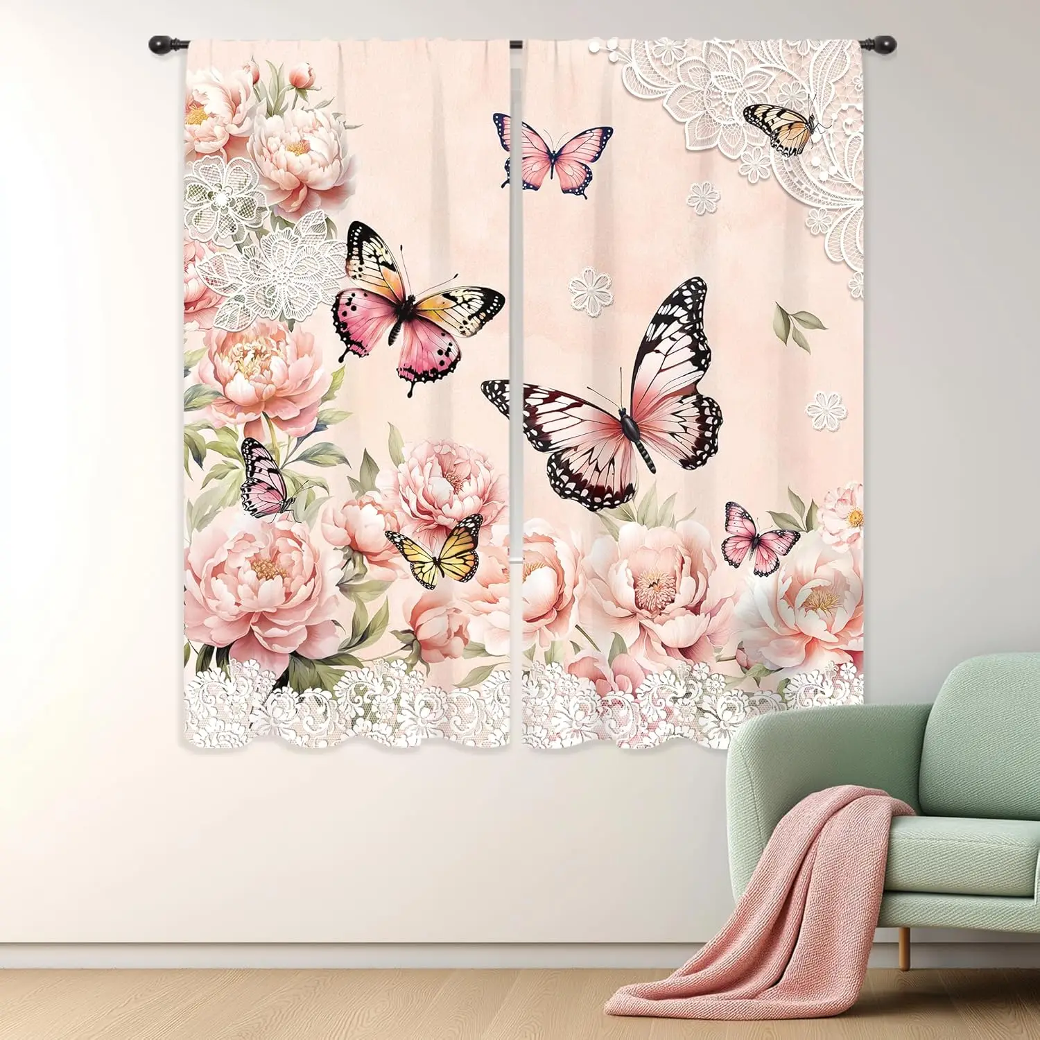 Butterfly Curtains Pink Floral Rose Gold Flower Blossom Girly Spring Summer Rustic Vintage Pretty Botanical Rod Pocket for Women