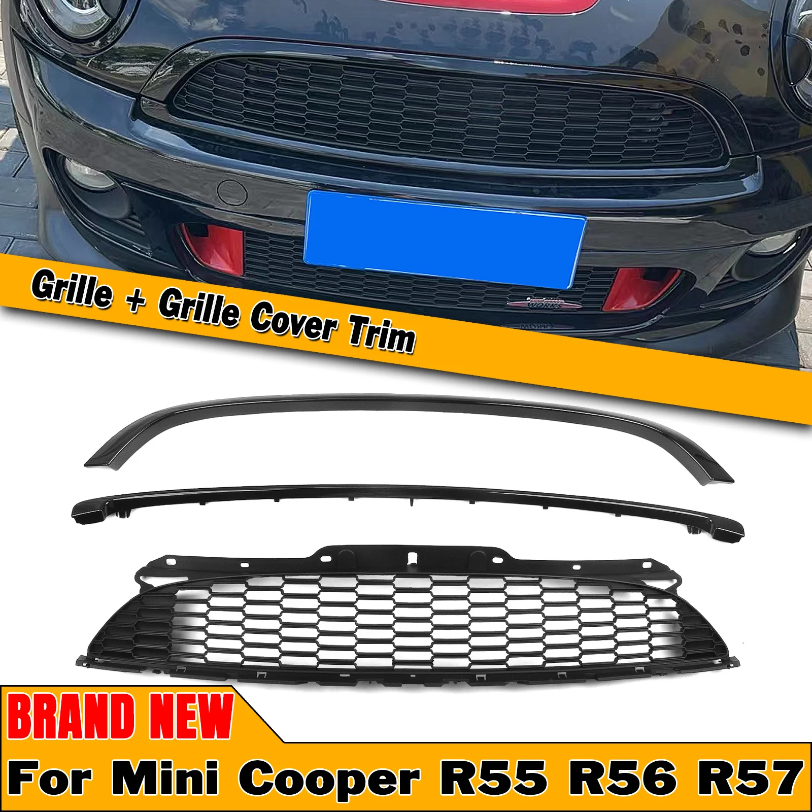 

Black Grill Upper Grille Mesh+Front Bumper Trim Splitter Spoiler Frame For Mini Cooper S R55 R56 R57 R58 R59 2007-2015 JCW Style