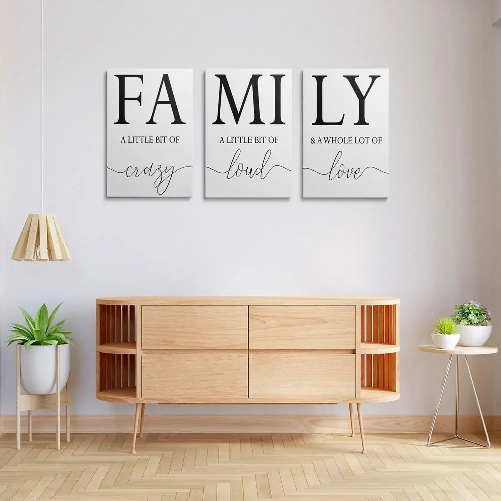 GUBIYU ديكور حائط منزلي للعائلة، لوحة فنية جدارية لغرفة المعيشة مكونة من 3 مطبوعات قماشية ملهمة بإطار أبيض وأسود من القماش الفني P