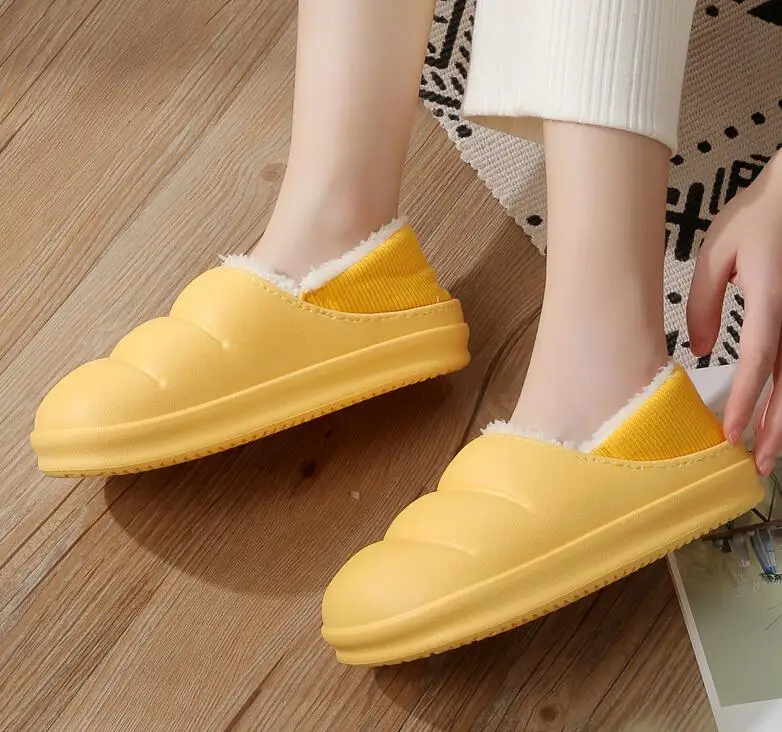 Winter Women Men Fur Slippers Waterproof Warm Plush Household Slides Indoor Home Thick Sole Footwear Non-Slip Couple Shoes