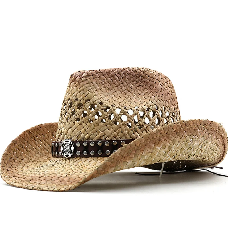 

Western Men Women's Summer Classic Cowboy Straw Hat Raffia Hollow Cowboy Hat With Punk Rope Women Western Wide Curling Brim Cap