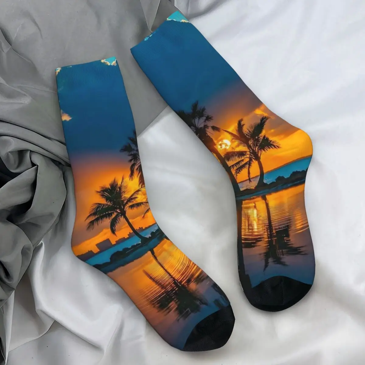 Palm trees meias pôr do sol impressão lazer meias outono antibacteriano unisex meias confortáveis personalizado ciclismo meias