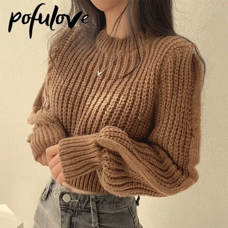 

Neck Short Crop Knit Tops 4 Colors 2024 Winter Autumn Knitted Sweater Pullovers New Design Cute Sweet Japan Girls Solid O