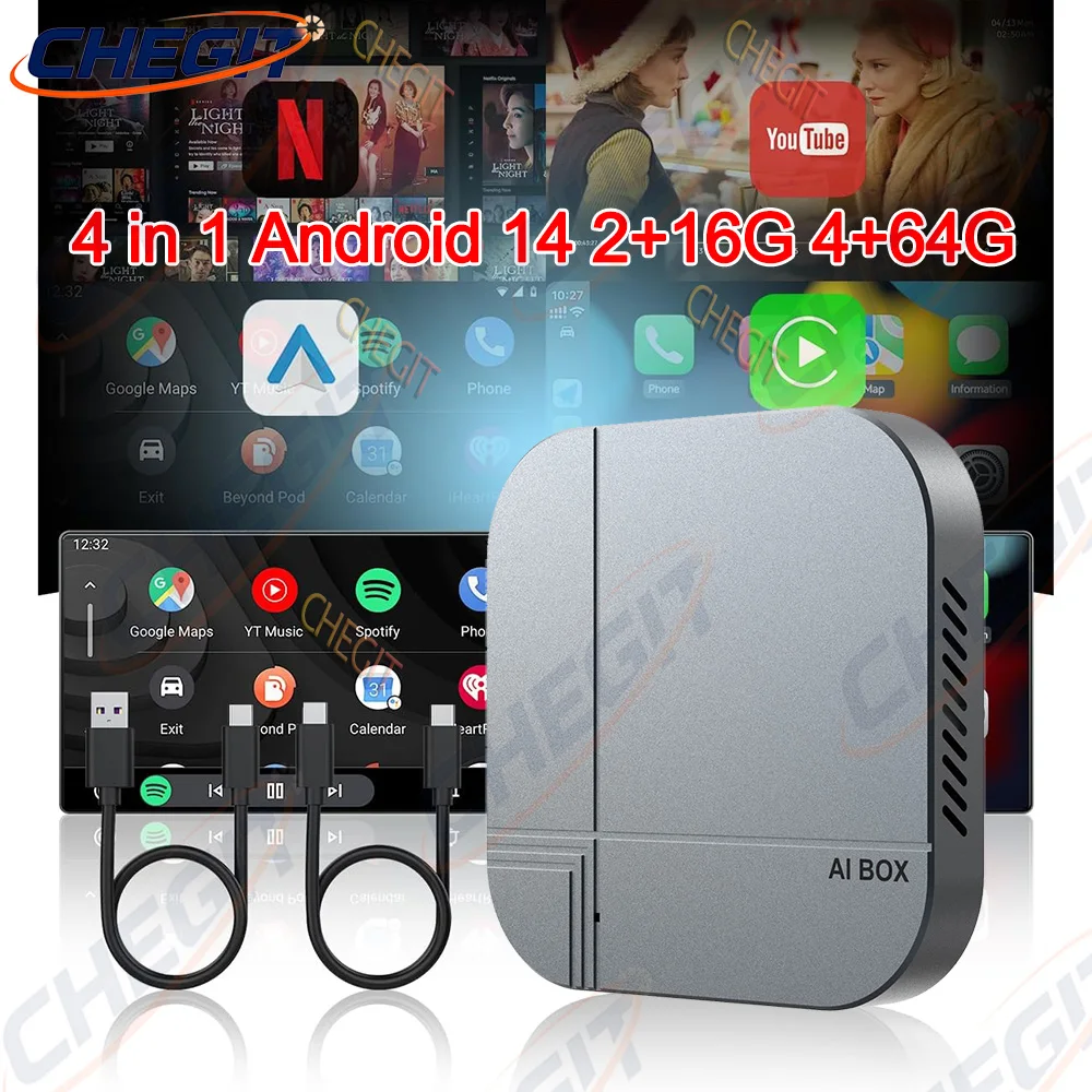 

2026 Upgraded Android Ai Box 4G+64G 2G+16G Wired To Wireless CarPlay Android Auto Plug and Play Tv Box For YouTube Netflix TK