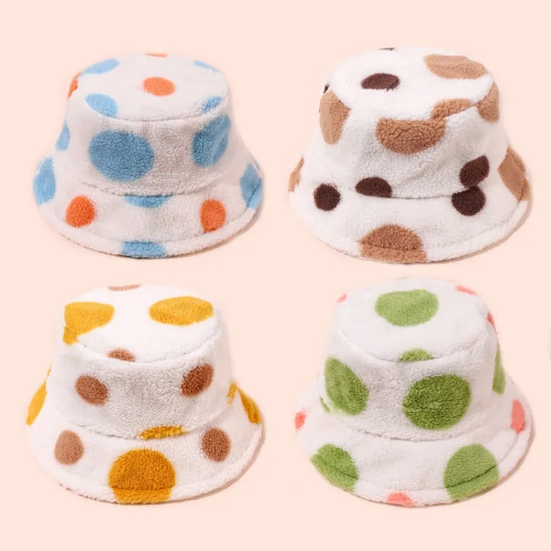 New Winter Bucket Hats Fluffy Fur Women Panama Hat Fashion Warm Fisherman Cap Outdoor Polka Dot Print Women's Winter Hat