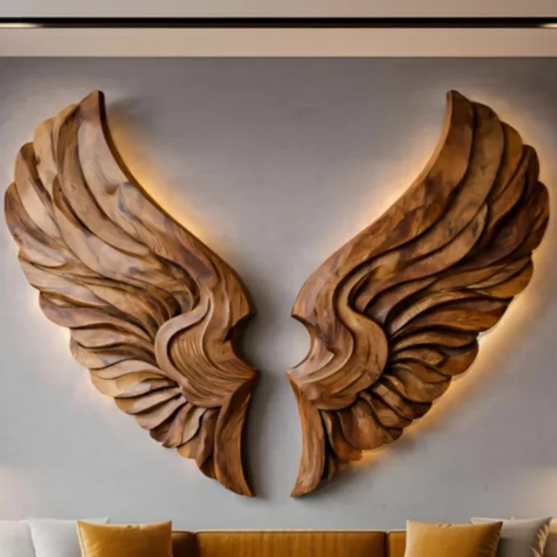 ！@Handcrafted Solid Wood Angel Wing Motif Wall Hanging Ornament Carved Relief Illuminated Home Art L110xH140cm