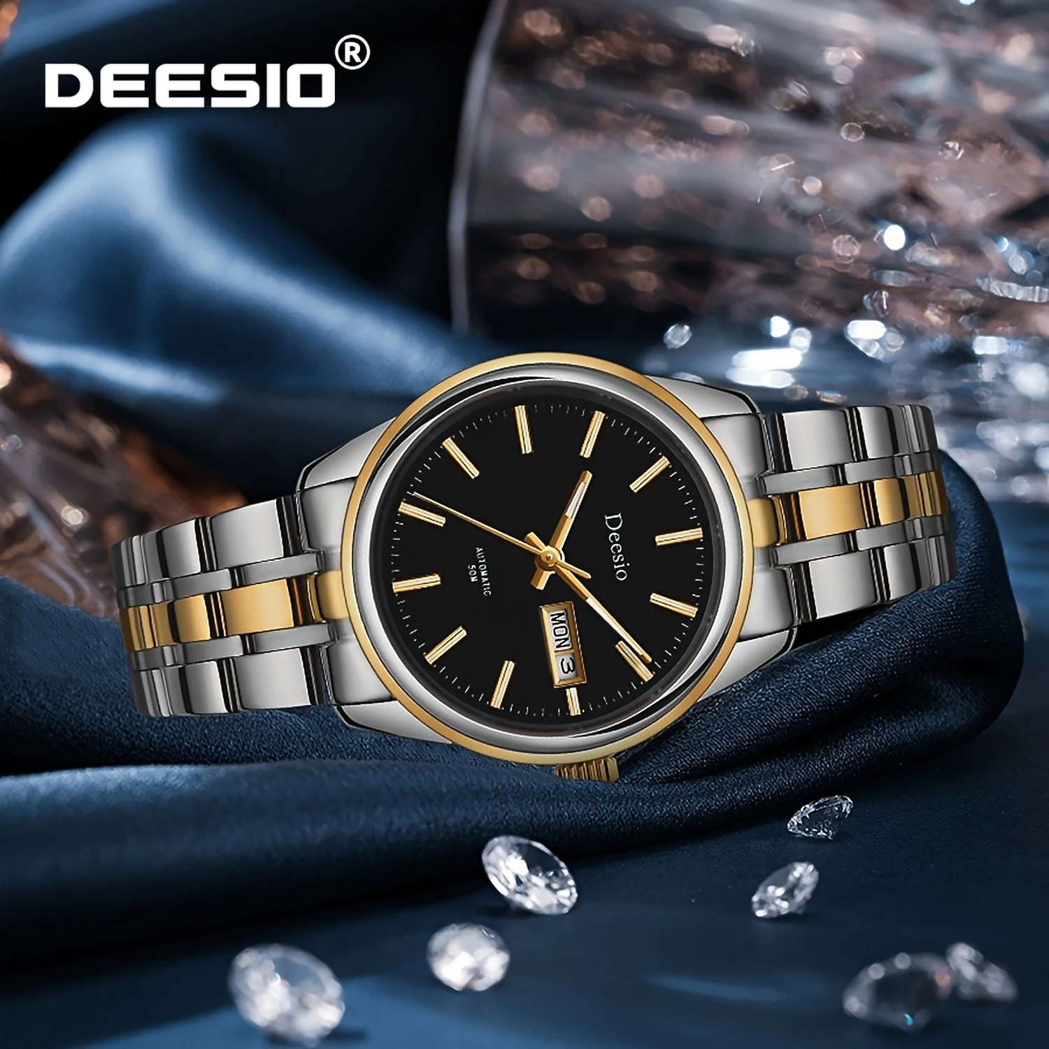 Deesio Men's Automatic Mechanical Watch Battery Free, Precise Timing Black Dial with Gold Hands 316L Stainless Steel Mens Gifts