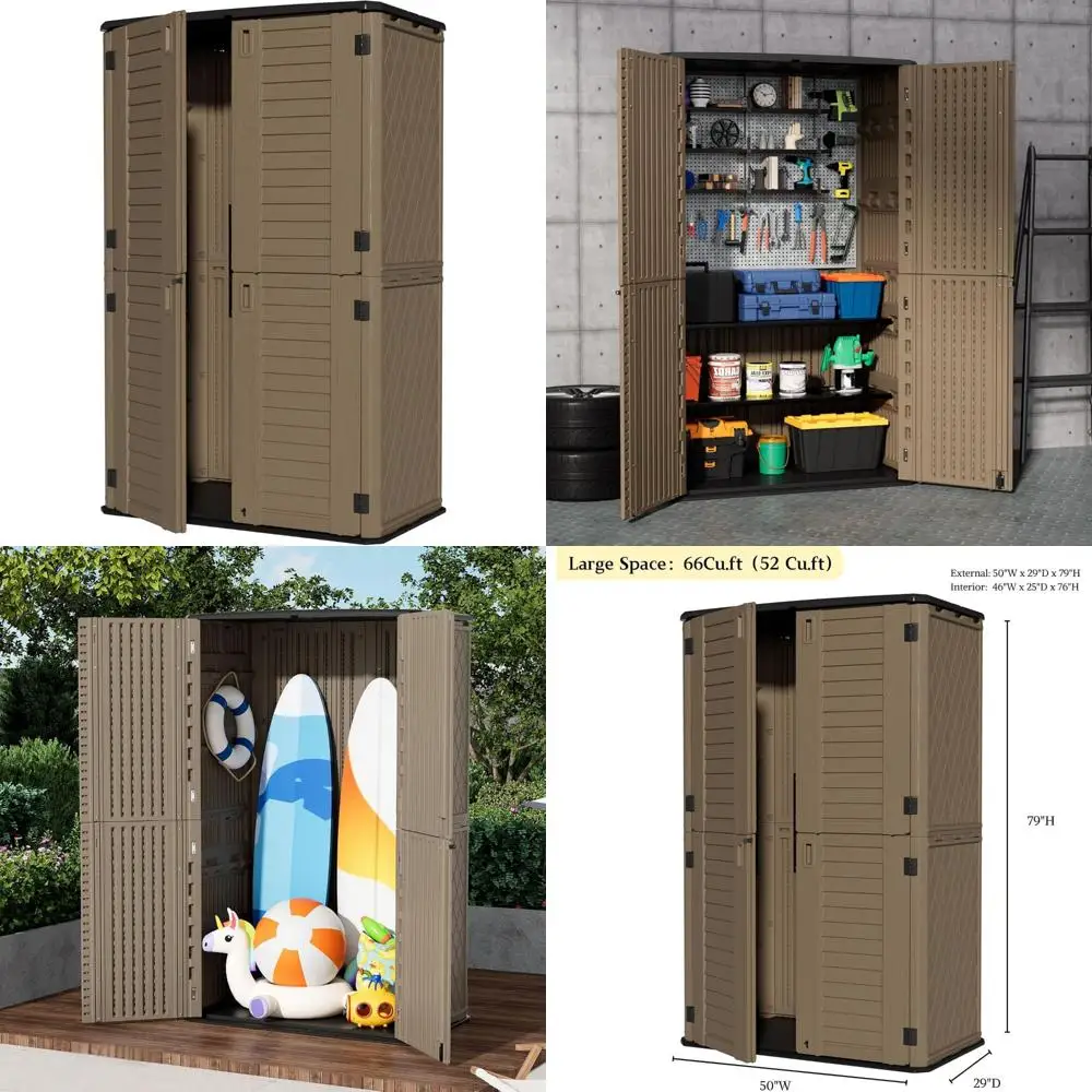 سقيفة تخزين خارجية مقاومة للماء، خزانة راتينج بطول 67 قدم مكعبًا، متينة لأثاث الفناء وأدوات الحدائق وتخزين النفايات
