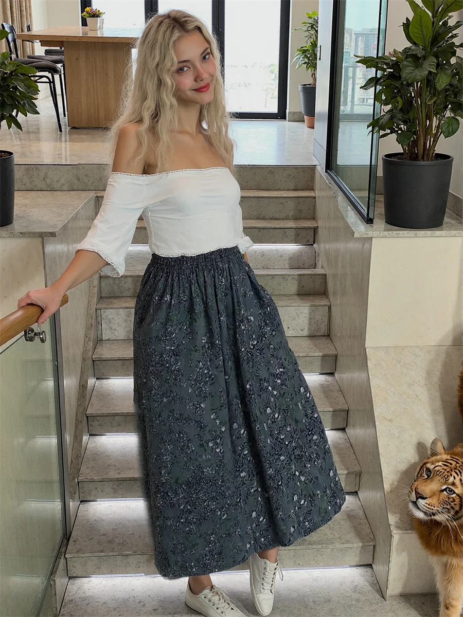 

Юбки миди с цветочным принтом, женские лоскутные плиссированные многослойные сетчатые рюши, аппликация для торта, художественный современный шик, элегантный сладкий