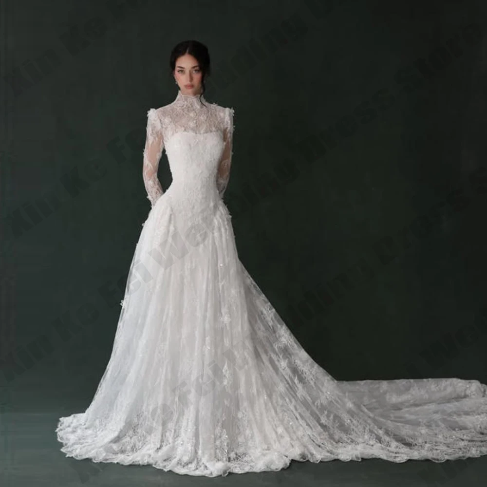 

Gorgeous Women's Bridal Gowns A-line Glitter Lace Long Sleeve High Collar Princess Ball Wedding Dress Formal Party Customized
