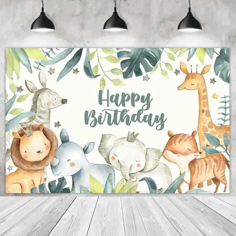 Watercolor Zoo Animals Party Backdrop Birthday Photography Baptism Christening Leaves Background For Children Photo Shoot Studio