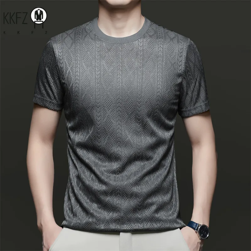 Minimalist textured t shirt male ice silk mesh jacquard pattern crew neck quick dry anti sweat daily driving gathering wear